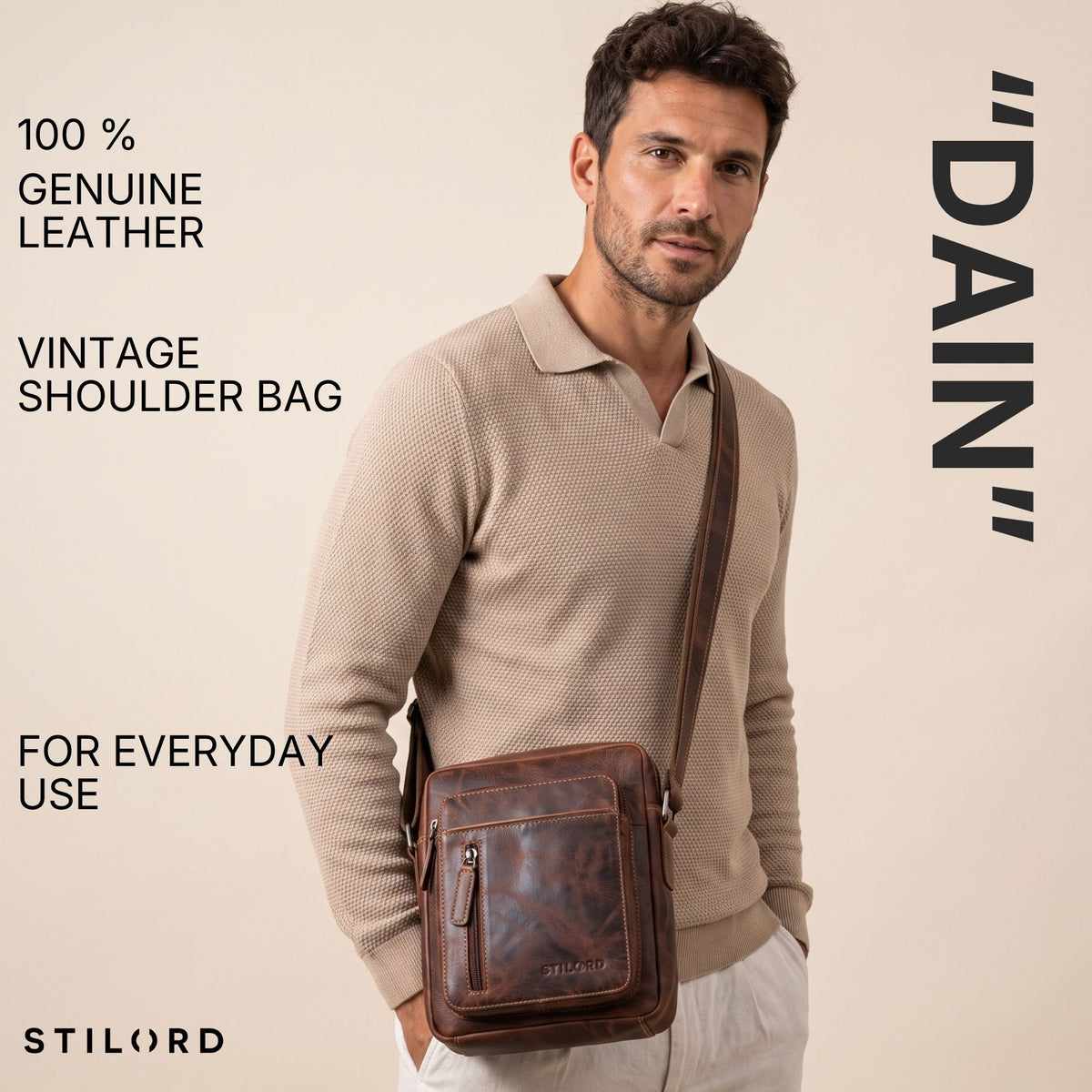 Kleine Dain Schultertasche aus echtem Leder in salerno-braun, quer getragen von Mann, Frontansicht mit Reißverschlussfach