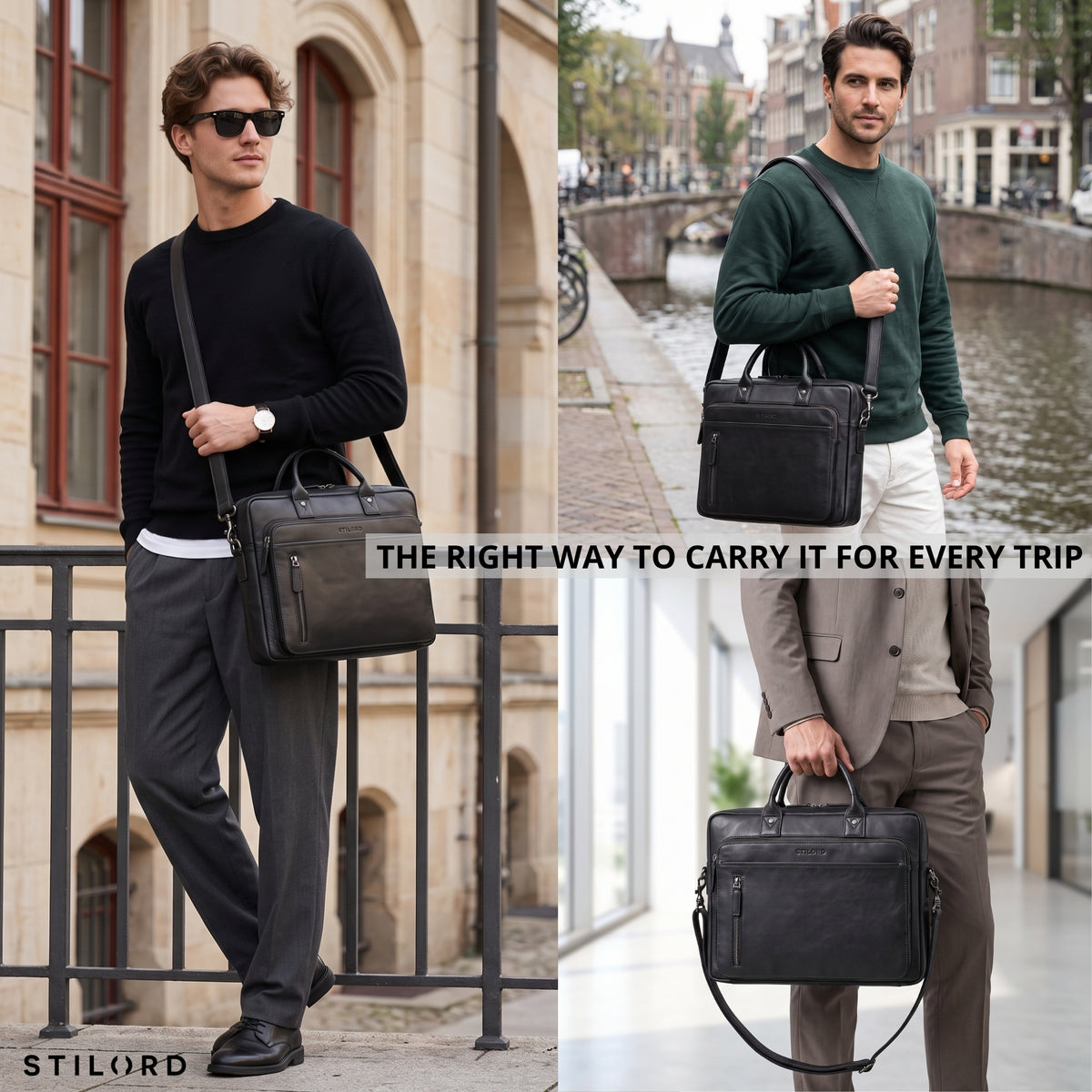 Schwarze Leder-Business-Tasche mit Laptopfach 13–14 Zoll, Schulterriemen und Griff, getragen in Stadt- und Innenkulisse