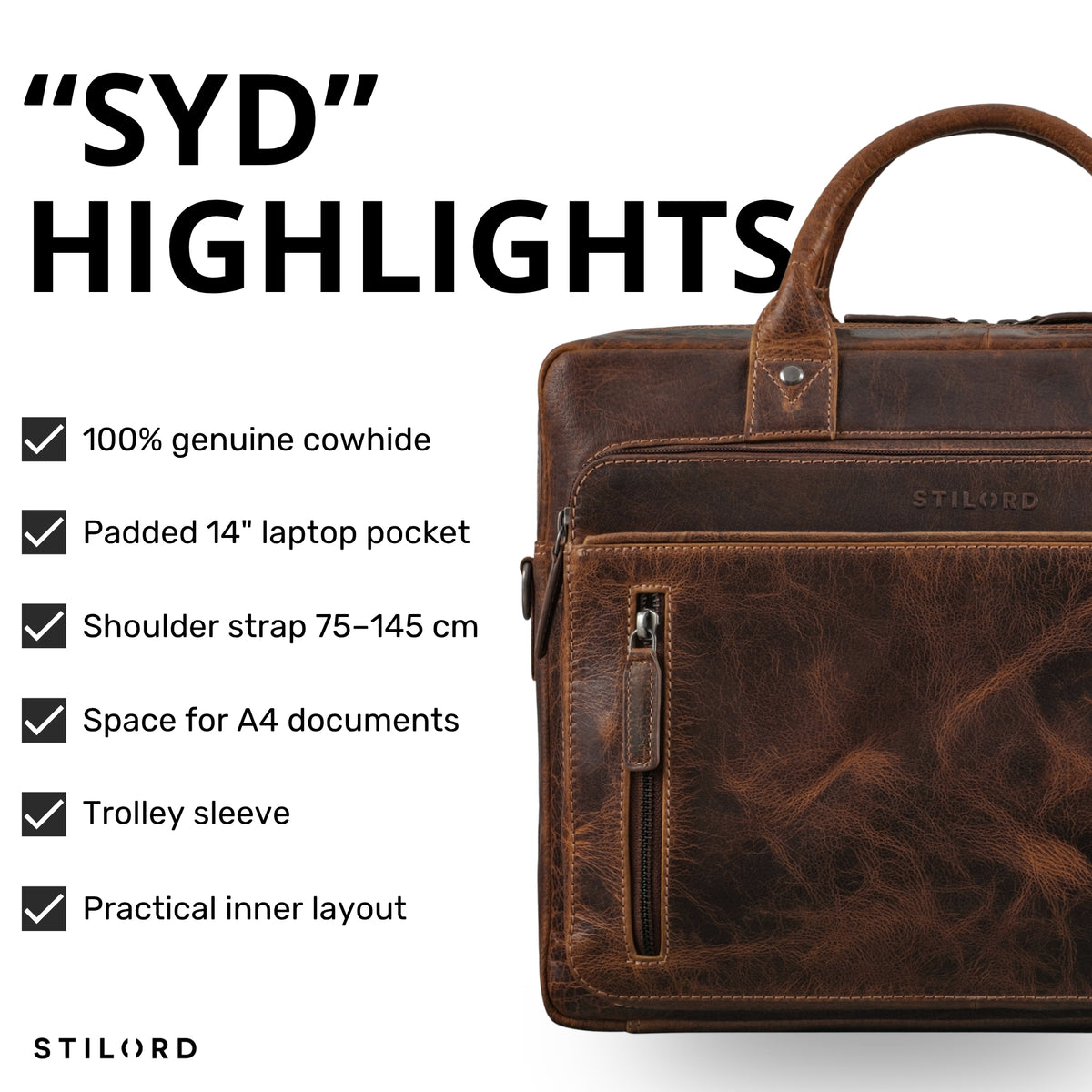 Rechter Bildausschnitt einer braunen Syd Business-Tasche aus echtem Rindsleder mit STILORD-Prägung und Frontreißverschluss