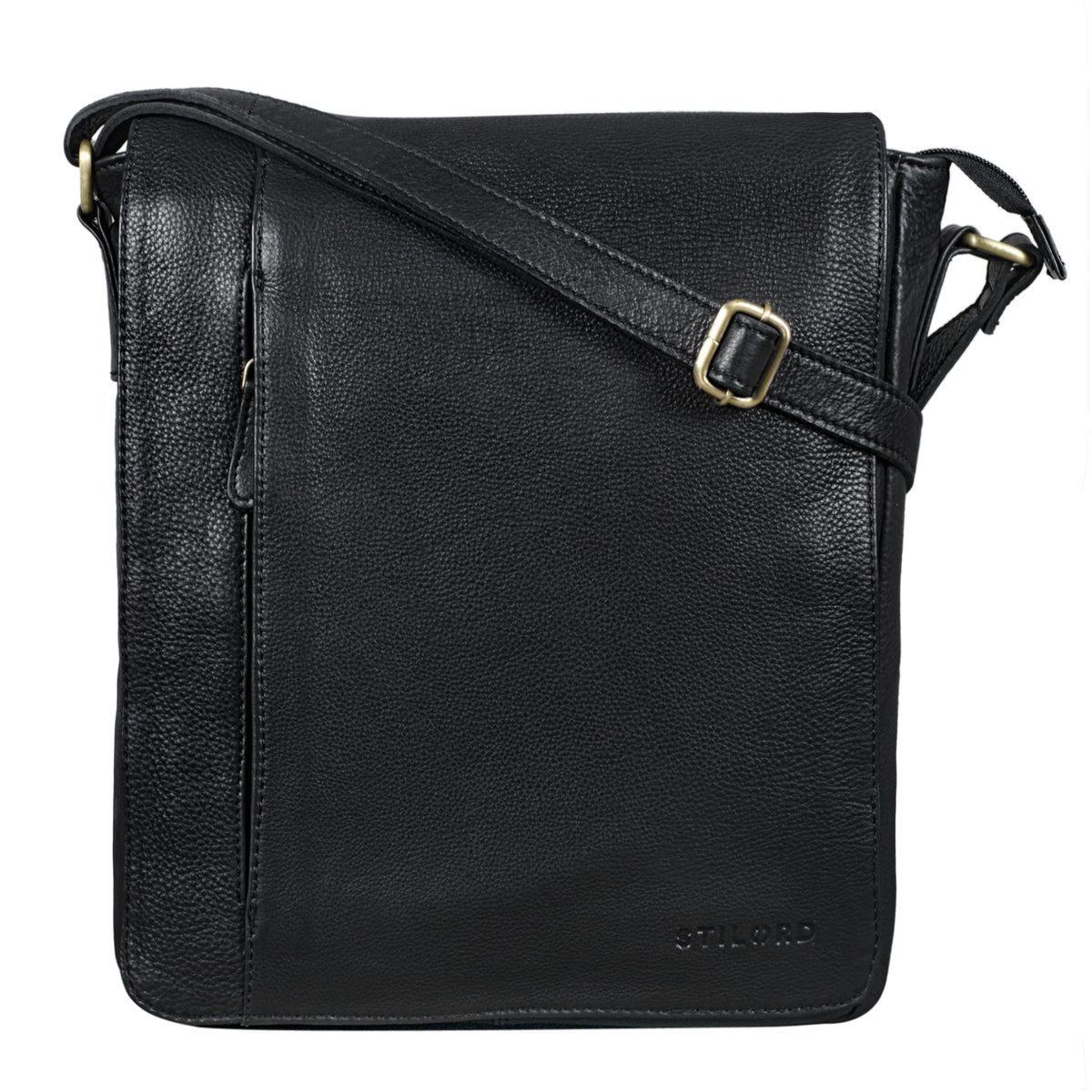 Schwarze Leder Messenger Bag mittel groß