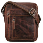 Kleine Herren-Schultertasche aus vintage Rindleder, luino braun, Frontansicht mit Reißverschlussfach und STILORD-Prägung