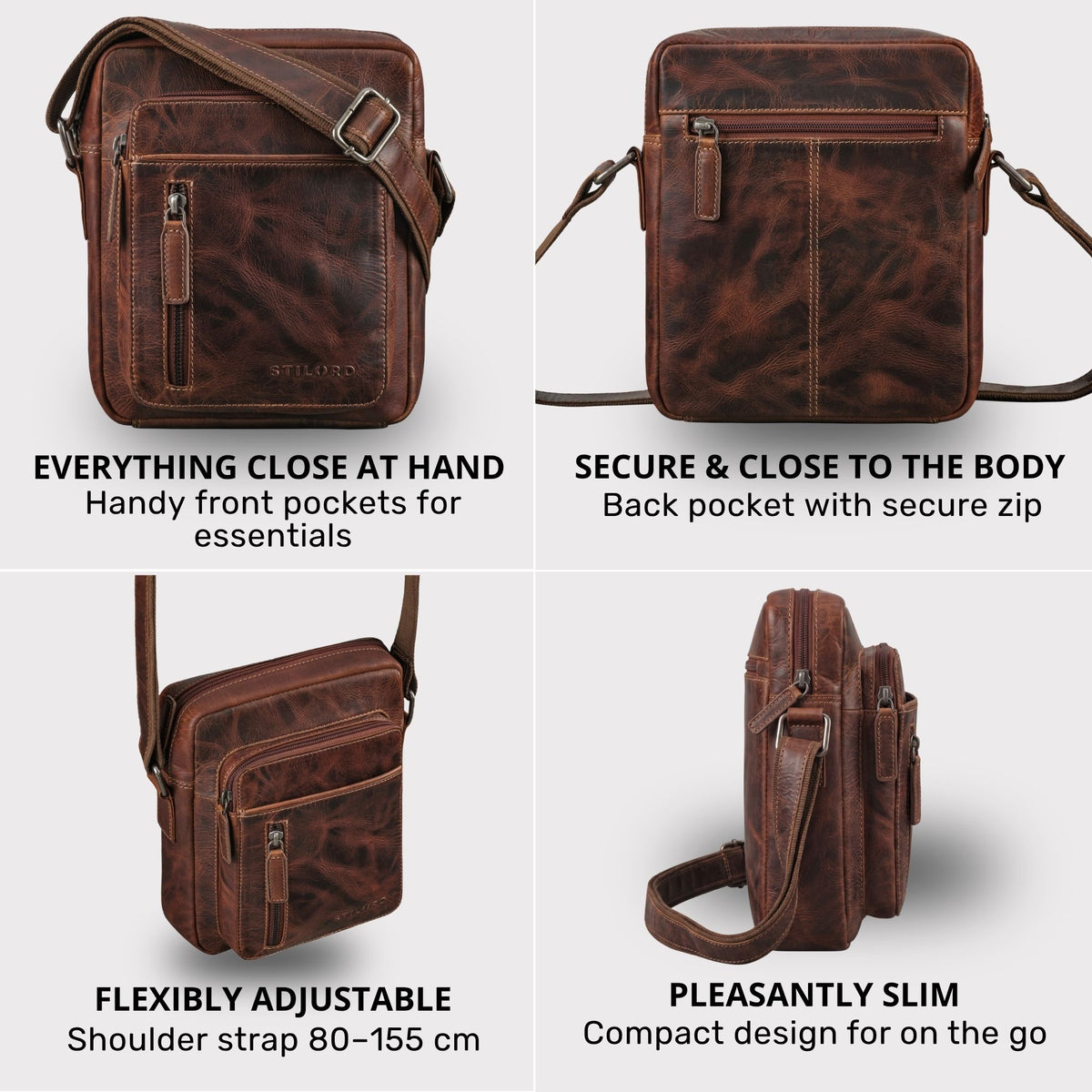 Kleine Herren-Schultertasche aus braunem Leder, Fronttaschen, Rückfach mit Reißverschluss, verstellbarer Trageriemen, schlanke Seitenansicht