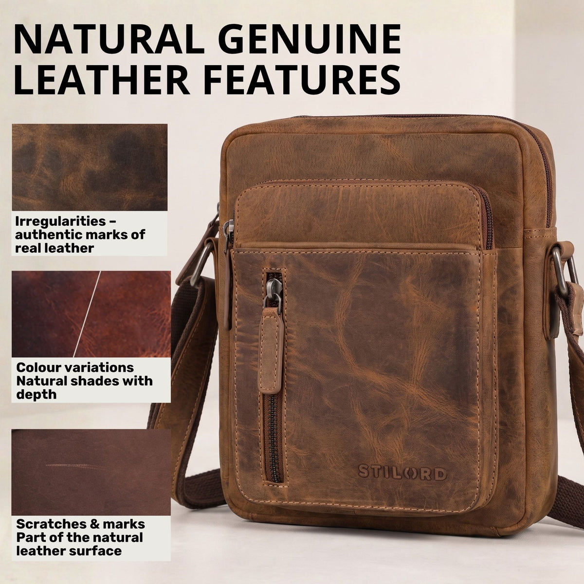 Kleine braune Schultertasche aus echtem Leder mit Frontfach, STILORD-Prägung und Einblendungen zu Lederstrukturen