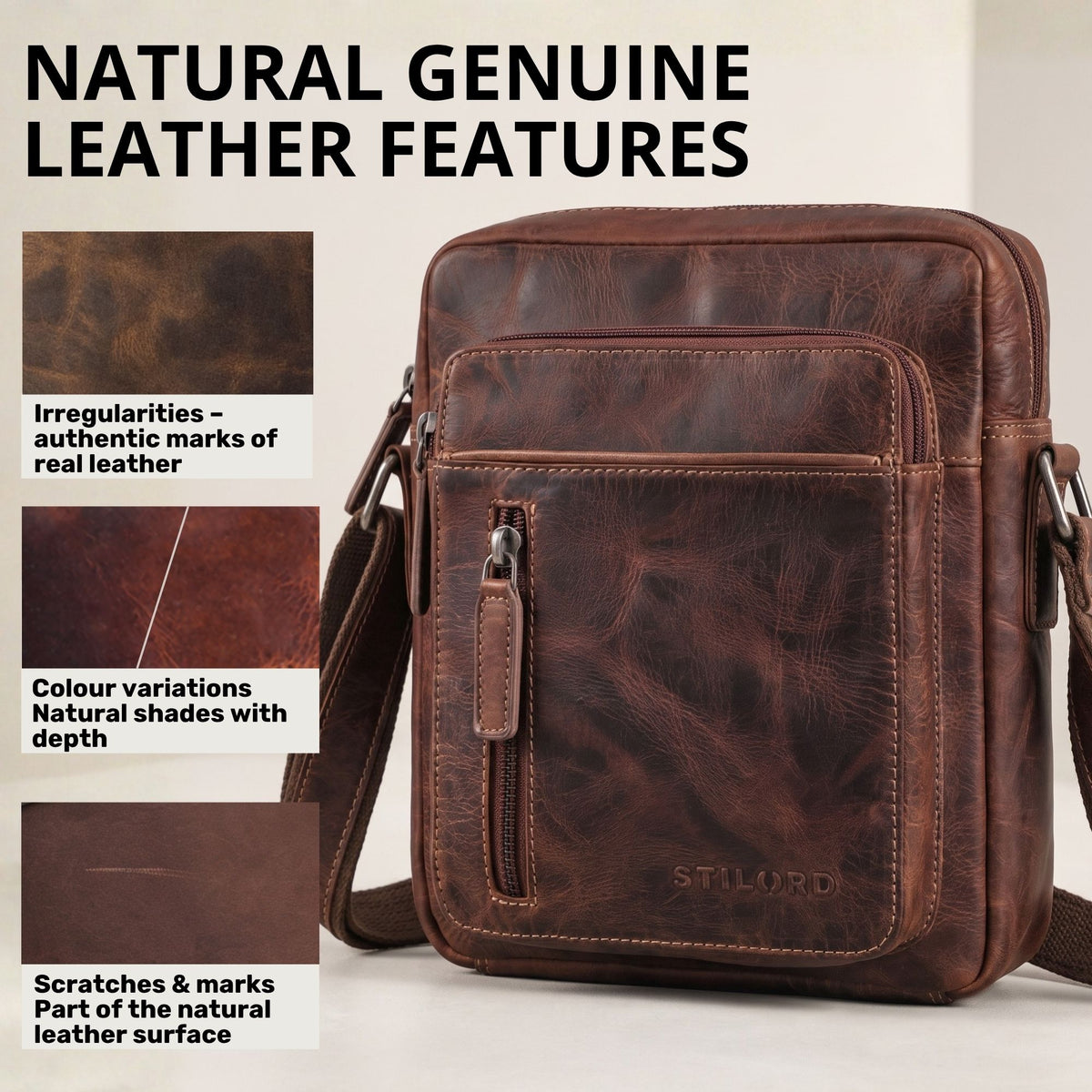 Kleine Schultertasche aus braunem Vintage-Rindsleder, Vorderansicht mit Fronttasche, STILORD-Prägung und Lederstruktur