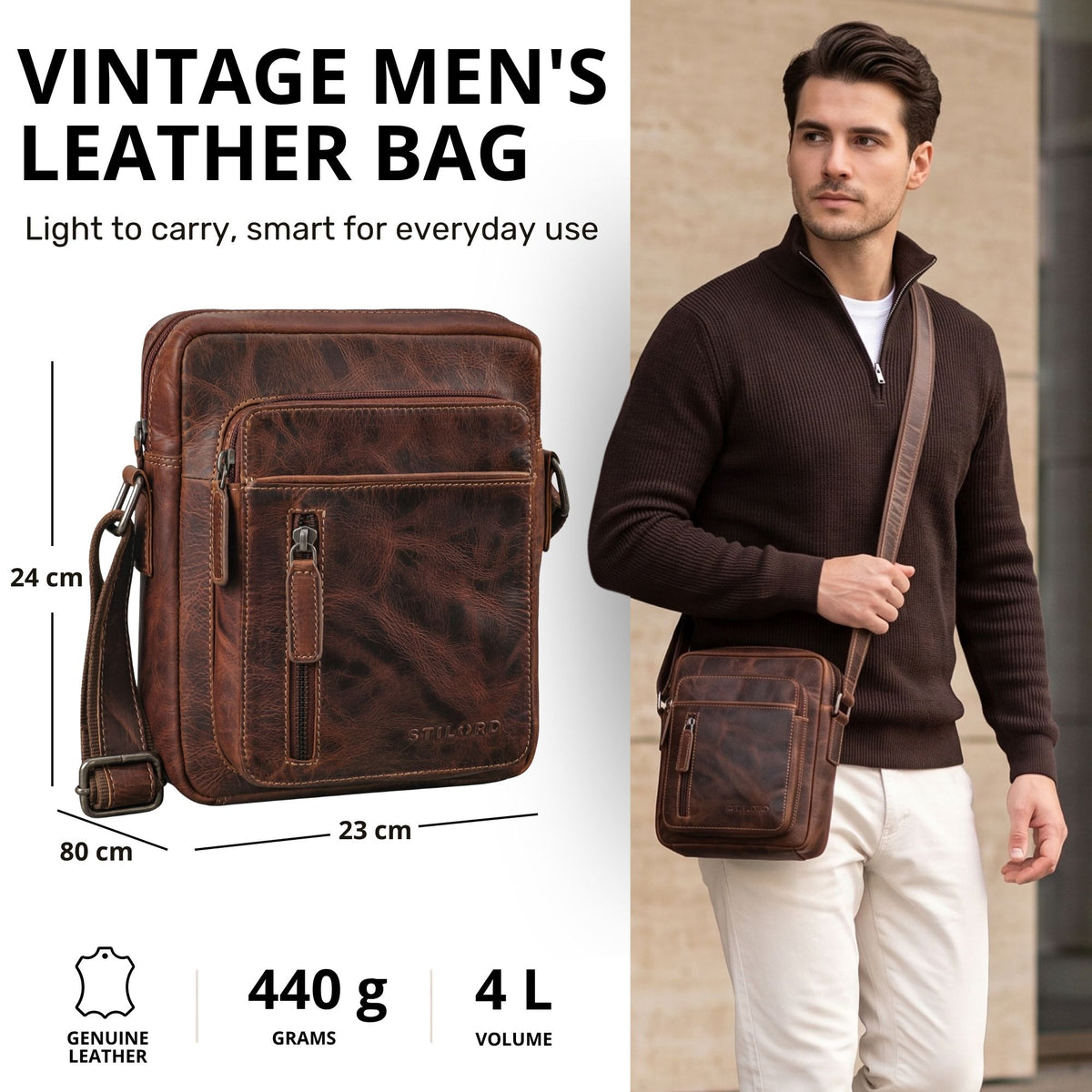 Kleine braune Lederschultertasche (luino) mit Frontfächern und Größenangaben; Modell trägt sie quer über dem Körper