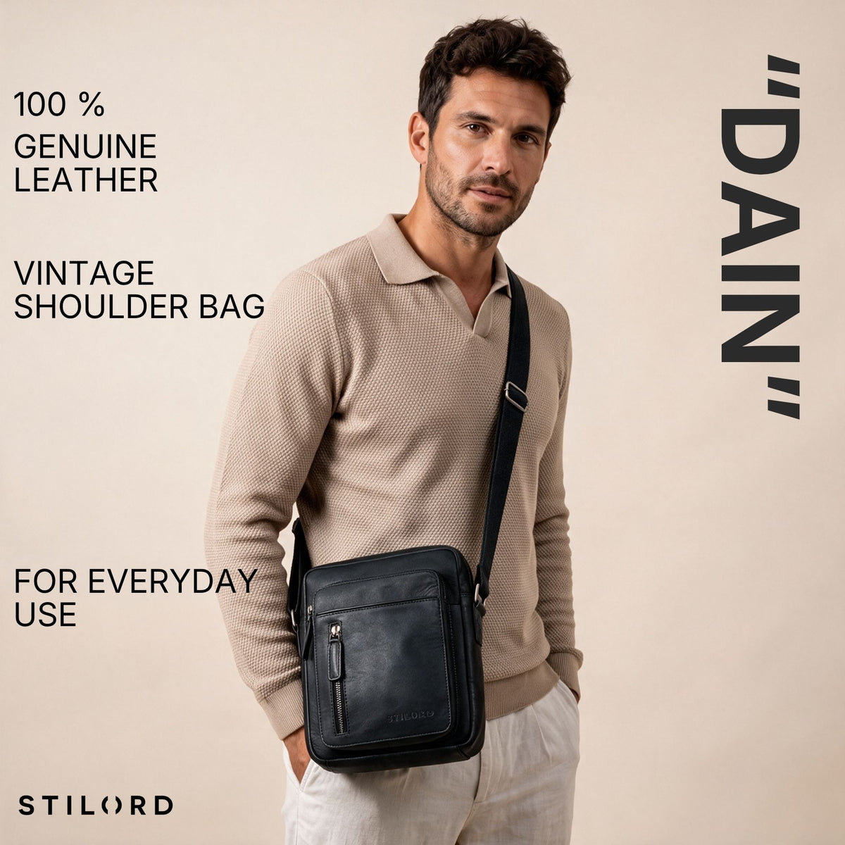 Mann trägt schwarze Leder-Schultertasche quer, Frontreißverschluss, neutraler Hintergrund, STILORD-Logo sichtbar