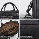 Schwarze Leder-Business-Tasche mit Griffen, Schulterriemen-Haken, kariertem Innenfutter und geprägtem STILORD-Logo mit Wassertropfen