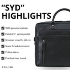 Schwarze Leder-Business-Tasche mit geprägtem STILORD, Griff und vorderer Reißverschluss-Tasche, Frontdetail