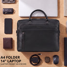 Schwarze Leder-Business-Tasche mit geprägtem STILORD-Logo, Frontansicht, sichtbares Laptopfach für 13–14 Zoll, Zubehörumgebung