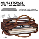Geöffnete Business Tasche aus luino-braunem Leder mit Laptopfach 13–14 Zoll und organisierten Fächern, A4-tauglich