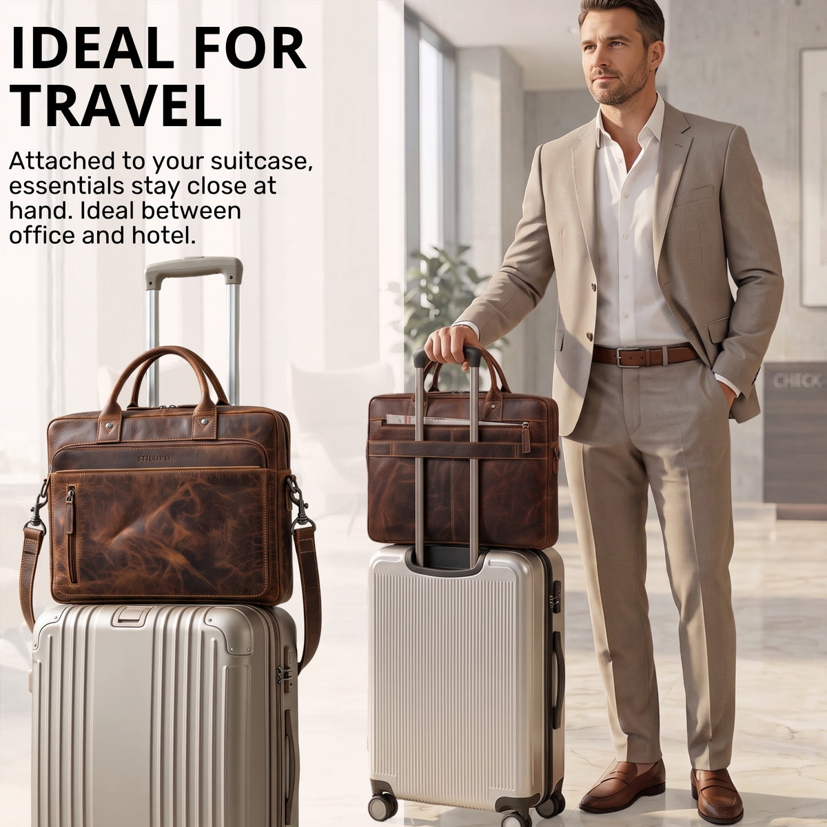 Leder-Business-Tasche in Braun mit Trolley-Sleeve und Laptopfach 13–14 Zoll, frontal auf Hartschalenkoffern, Mann im Anzug im Hintergrund