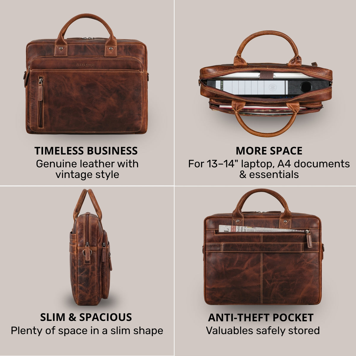 STILORD Syd Business-Tasche aus salerno-braunem Leder, Front, offene Oberansicht mit 13–14 Zoll Laptop, Seitenprofil, Diebstahlsfach