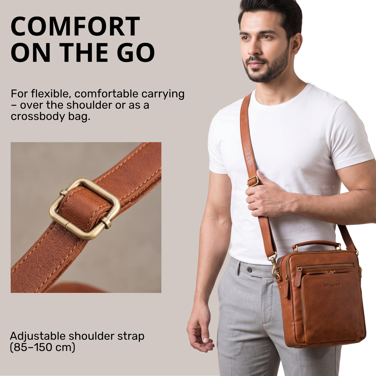 Mała brązowa skórzana torba noszona crossbody przez mężczyznę; zbliżenie regulowanego paska z mosiężną sprzączką, widoczne tłoczenie STILORD